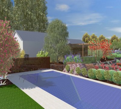 3D view over a swimming pool to dry stone wall